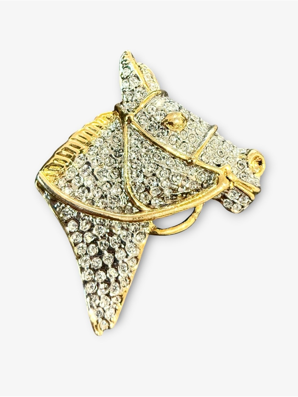 Vintage Gold Horse Head Brooch Embellished With Rhinestones